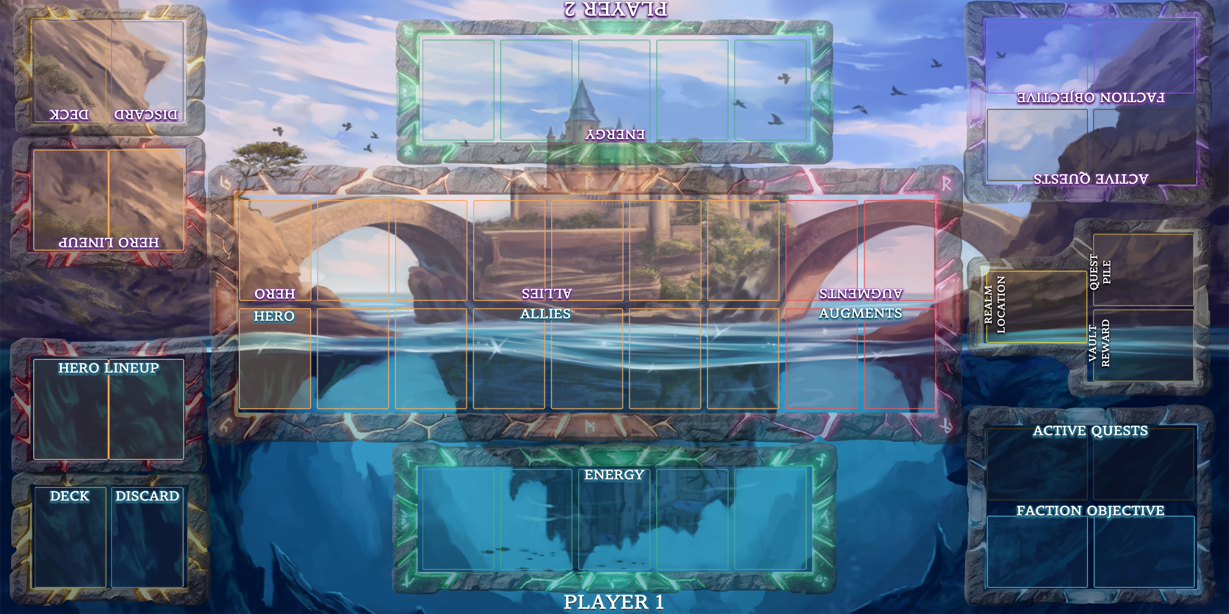 Archaic Realms TCG board layout in Tabletop Simulator — Player 1 (Divine) and Player 2 (Shadow) sides, showing Hero Lineup, Realm, Energy, Quests, Faction Objective, Vault and Deck zones.